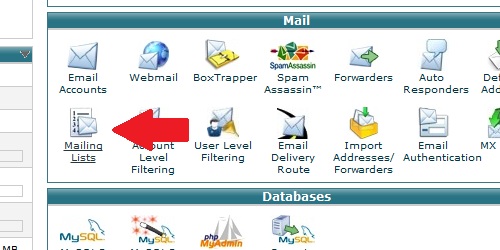 Finding the mailing list icon within cPanel.